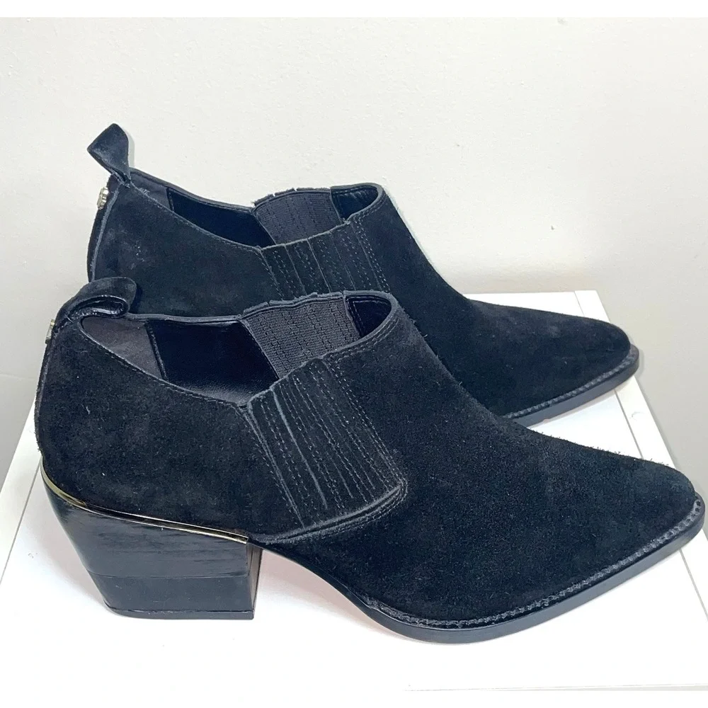 DKNY Black Suede Pointed Toe Western Ankle‎ Booties Block Heel Women's Size 8 - Picture 3 of 8